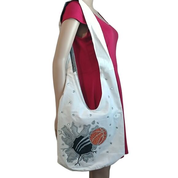 NWOT Handmade Basketball Orange/Black/White Embellished Crossbody Canvas Bag - Picture 1 of 8